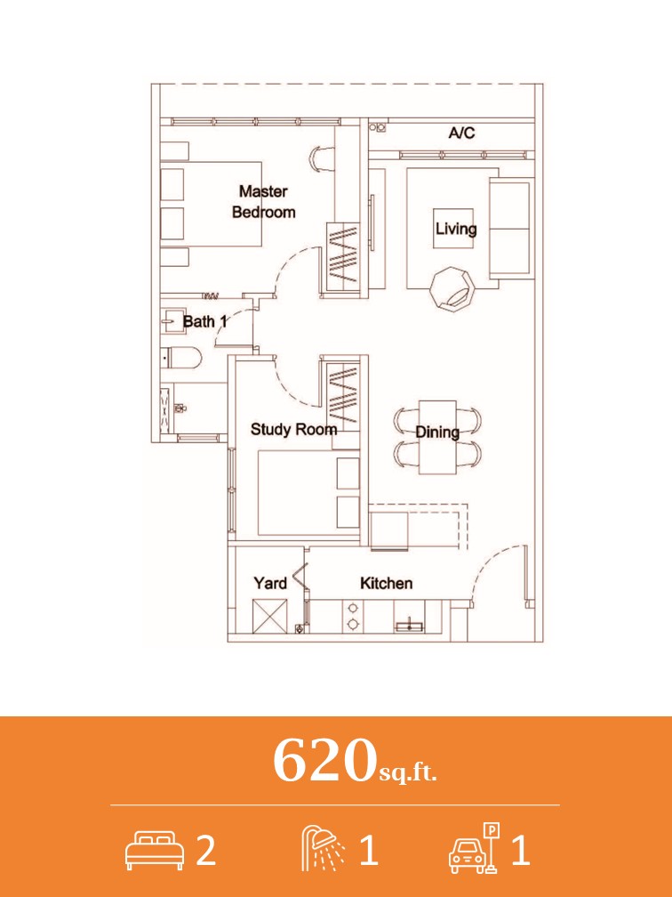 Layout 2 Bilik untuk projek Residensi Hijau Gombak, Residensi Melati East dan Residensi Flora Hijauan yang berdekatan dengan Terminal Bersepadu Gombak, Lrt Gombak dan ECRL.