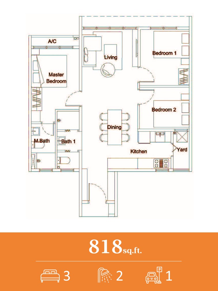 Layout 2 Bilik untuk projek Residensi Hijau Gombak, Residensi Melati East dan Residensi Flora Hijauan yang berdekatan dengan Terminal Bersepadu Gombak, Lrt Gombak dan ECRL.